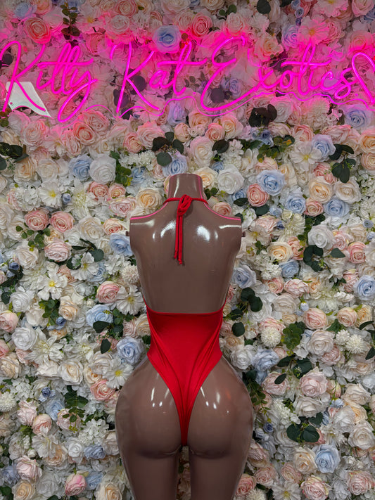 Red high-cut bodysuit with thin back straps