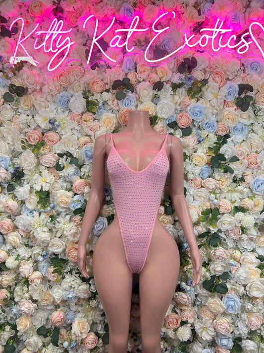 Pink rhinestone one-piece bodysuit with thong back and wide V-neck