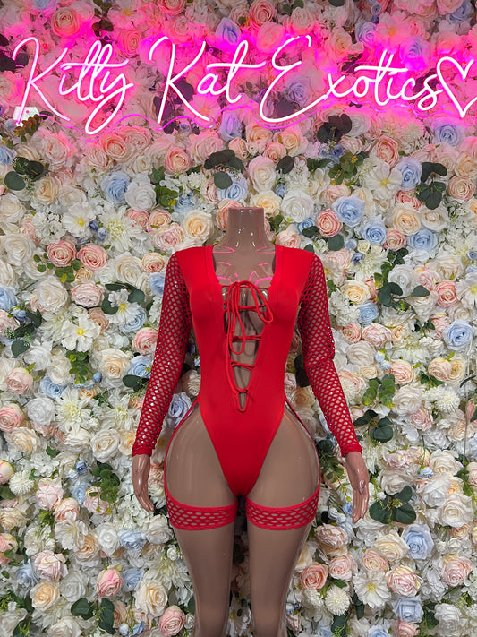 Red one-piece bodysuit with mesh dot sleeves and crisscross lace-up back