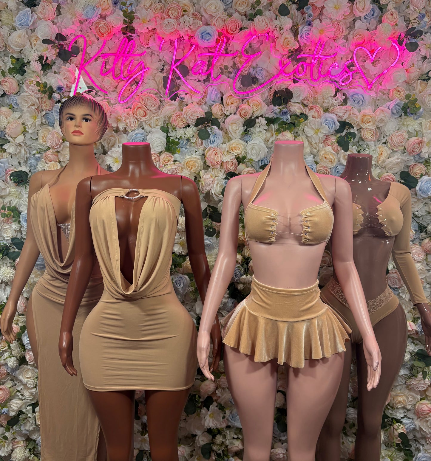 Nude mini gown with bust cups and flared draped skirt