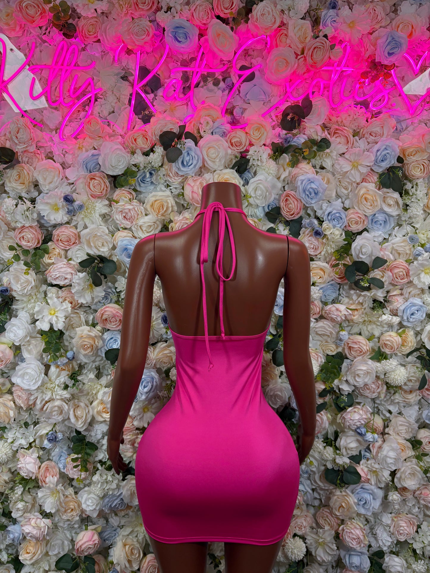 Pink halter mini dress bodysuit with open back and long tie straps