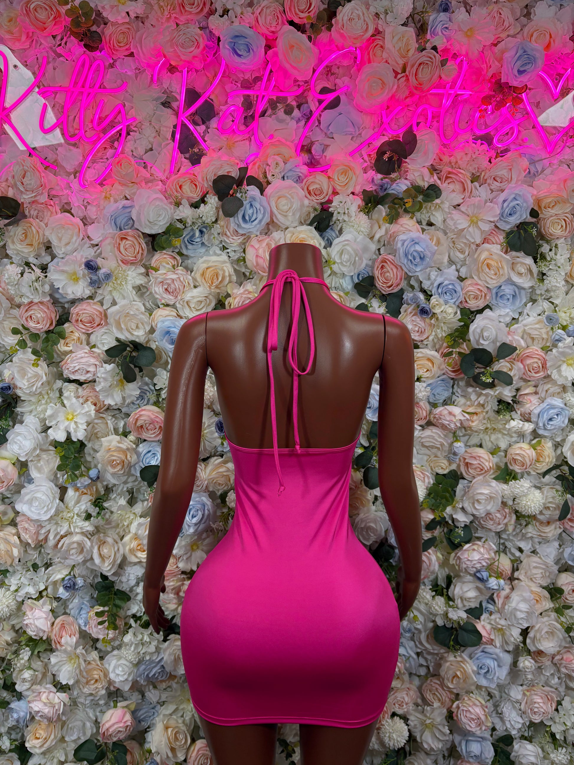 Pink halter mini dress bodysuit with open back and long tie straps