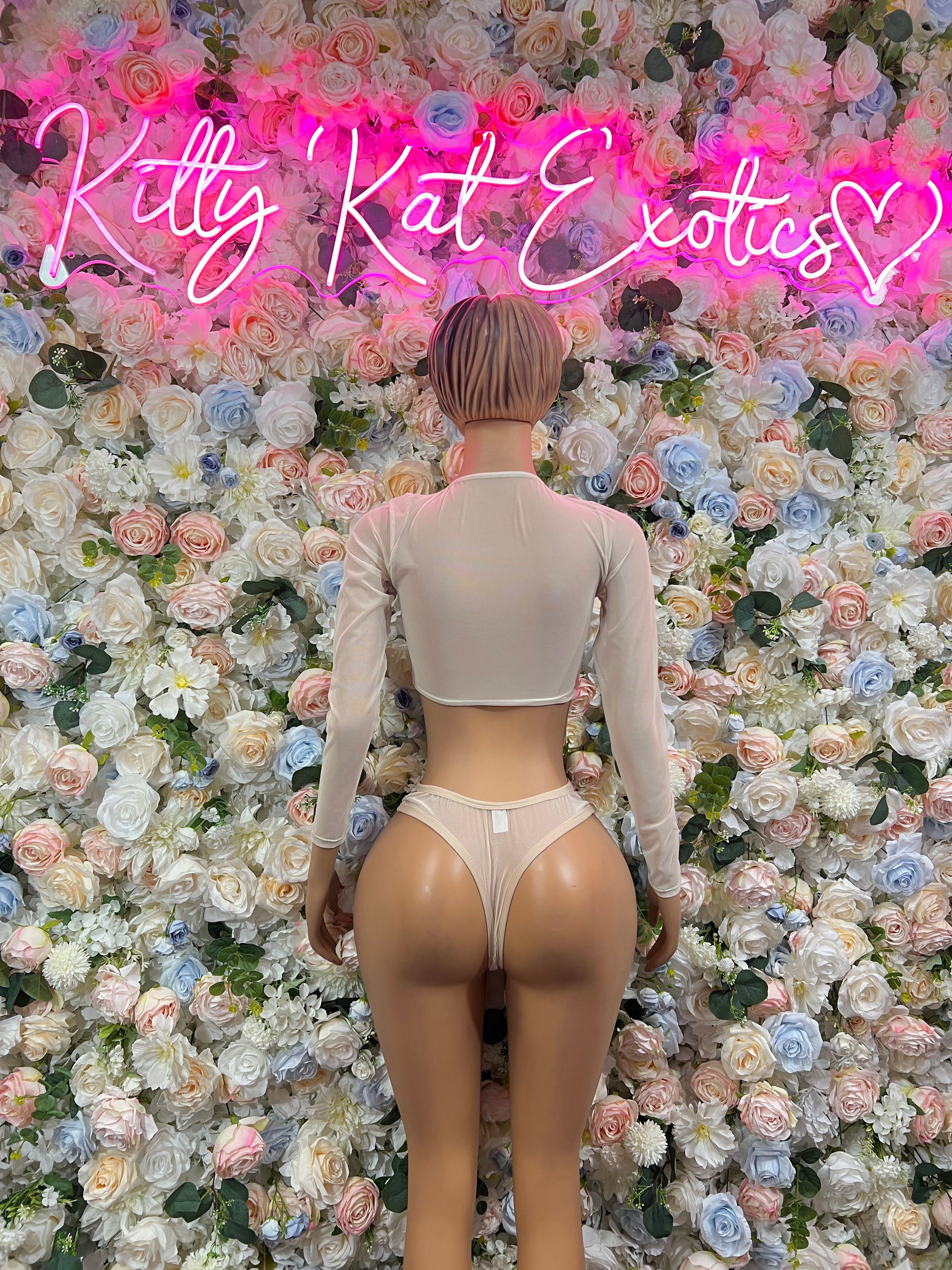 Nude one-piece set bodysuit with long sleeves and thong back, rear view