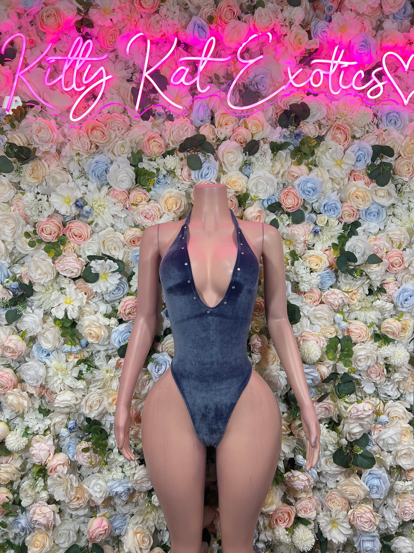 Dark Blue Velvet One-Piece Bodysuit - Custom Design | Exotic Dancewear for Bartenders, Rave Outfits Clubwear