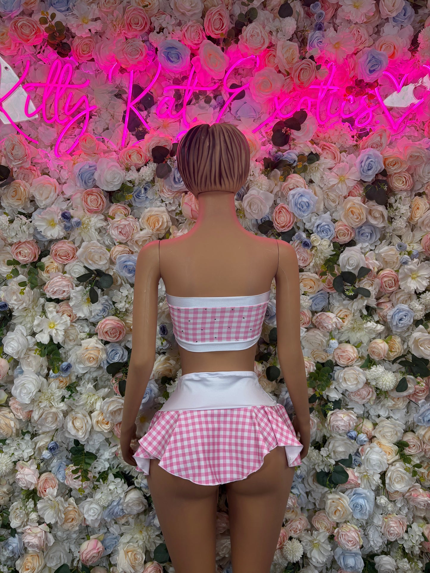 Exotic Dancewear Two Piece Pink White Schoolgirl Skirt Set Festival Wear Exotic Dancewear