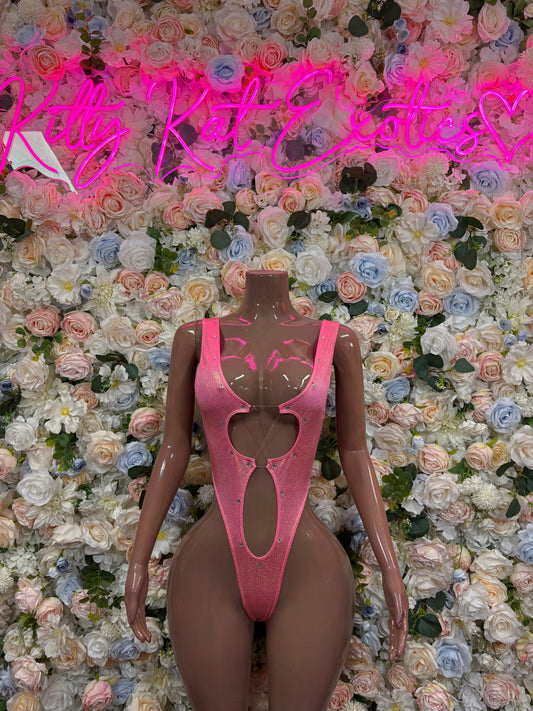 Pink one-piece bodysuit with high-cut legs and open chest cutout