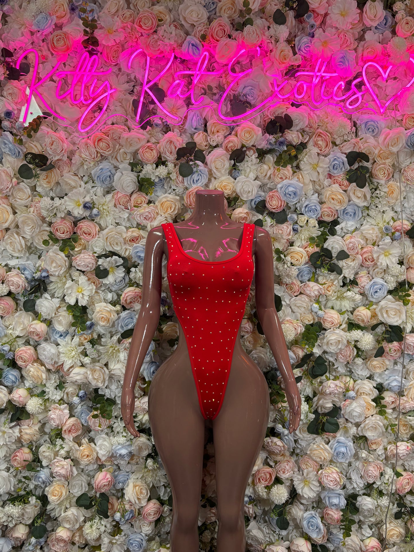 Red Rhinestone Fishnet Mesh Thong Bodysuit | Sexy High Cut Festival Rave Clubwear