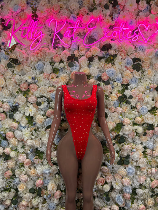 Red Rhinestone Fishnet Mesh Thong Bodysuit | Sexy High Cut Festival Rave Clubwear