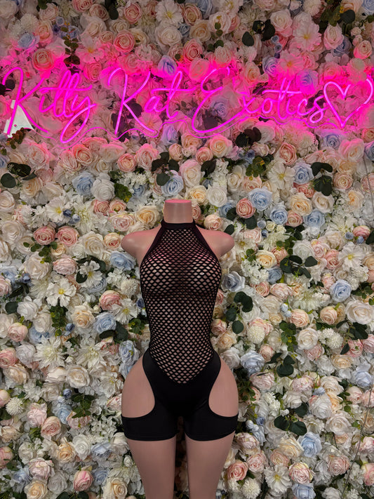 Black Fishnet Bottlegirl Bodysuit - Women’s Exotic Dancewear, Bartender Costume & Rave Clubwear