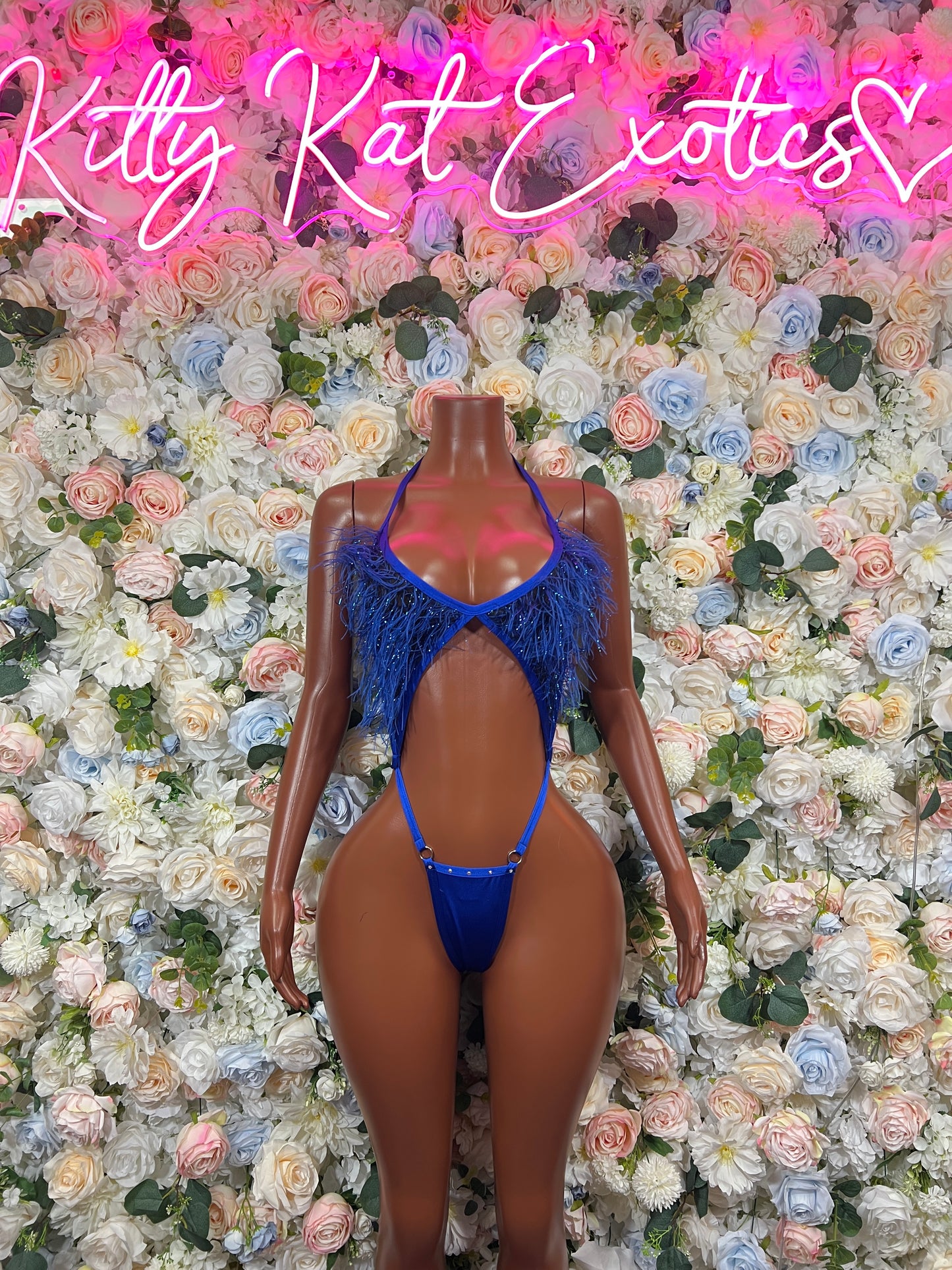 Blue Feather Fringe Bodysuit Rave Festival Exotic Dancewear Sparkly Glitter Boa Club Outfit