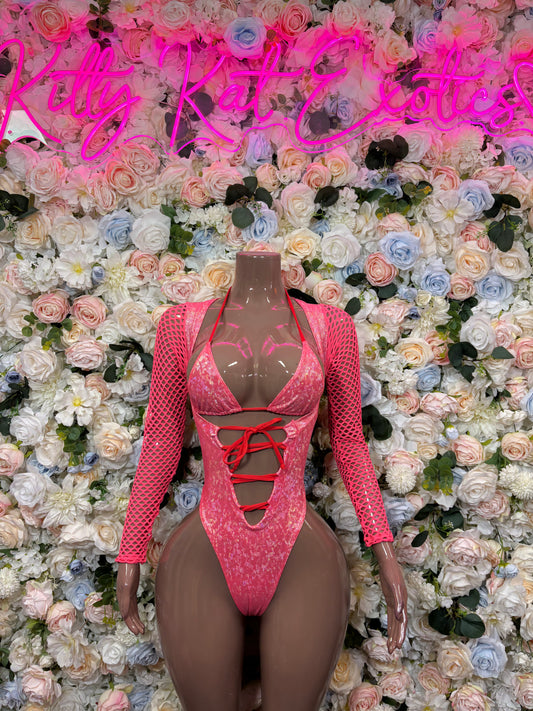 Pink crushed metallic bodysuit with long mesh sleeves and lace-up front, high-cut legs