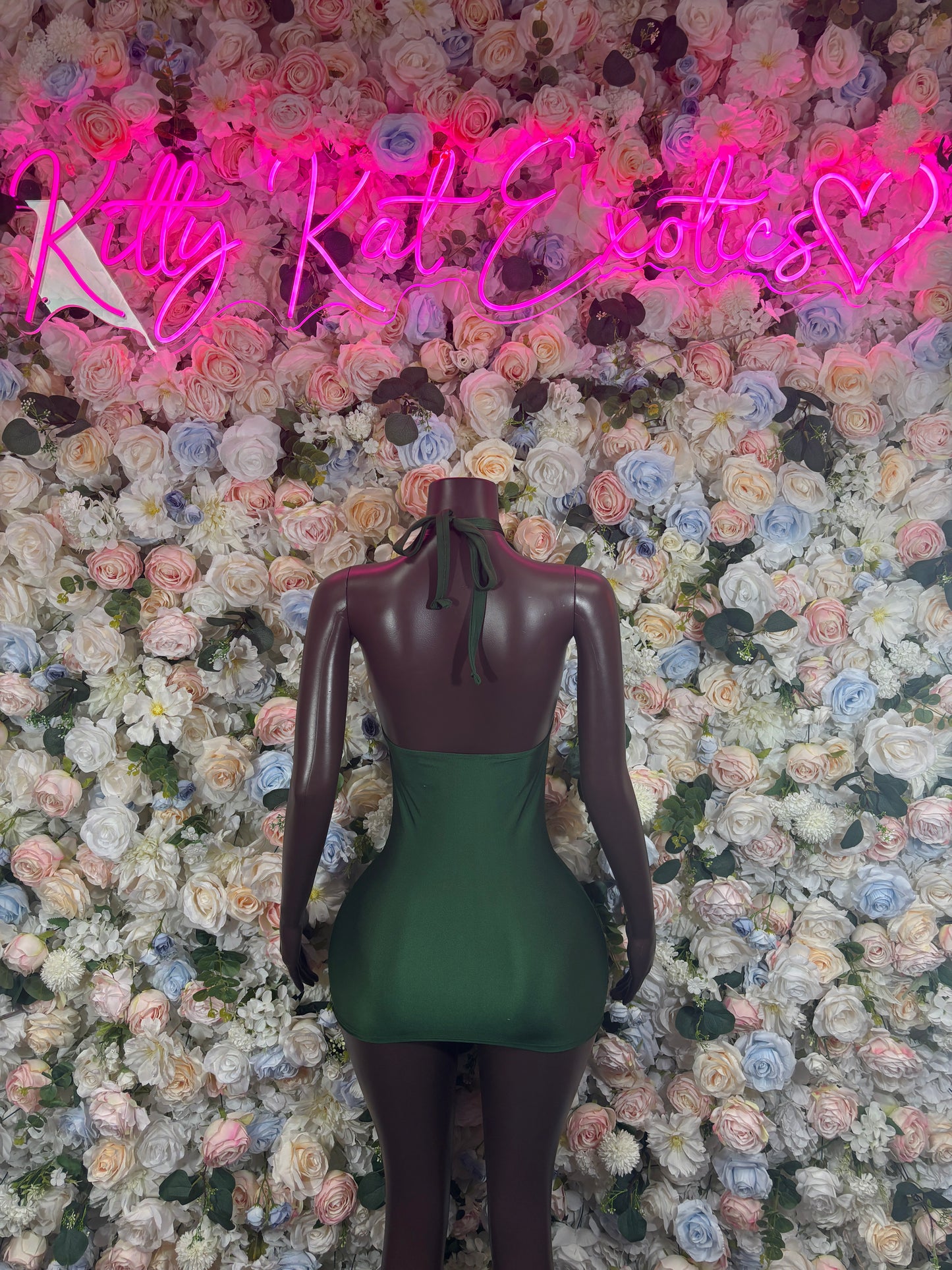 Green halter mini dress bodysuit with open back and waist cutout