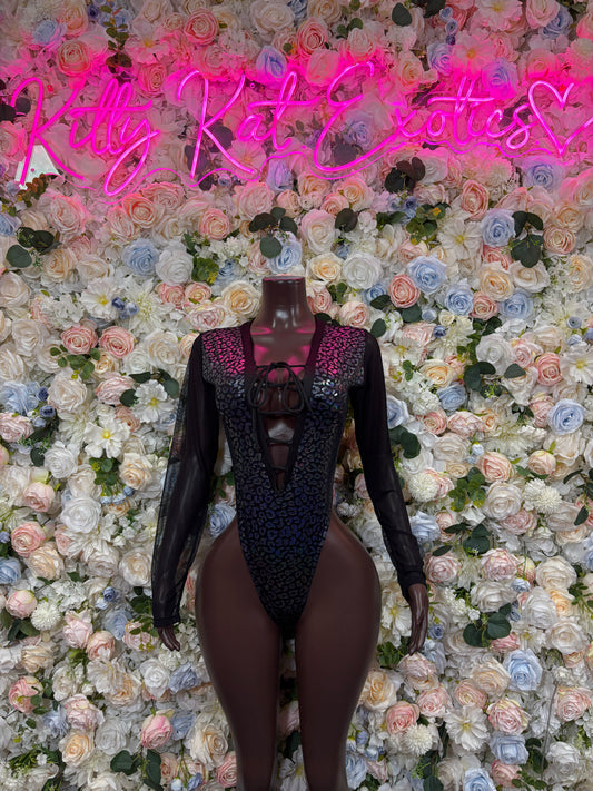Bottlegirl Black Cheetah Hologram Bodysuit - Women’s Exotic Dancewear, Bartender Costume & Rave Clubwear