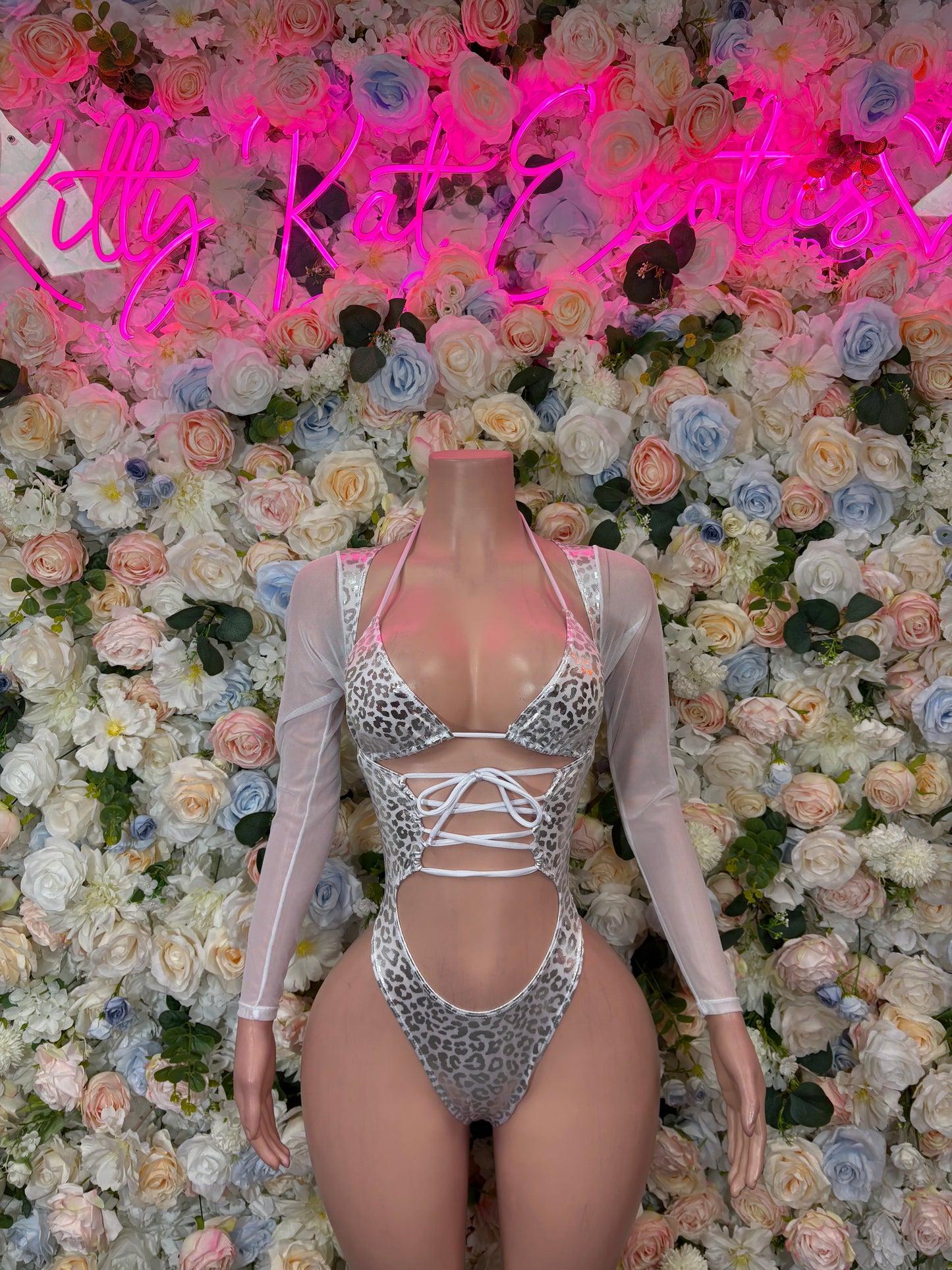 Bottlegirl Outfit Silver Cheetah Bodysuit - One Piece Bartender Outfit, EDM Dancewear, Party Clubwear