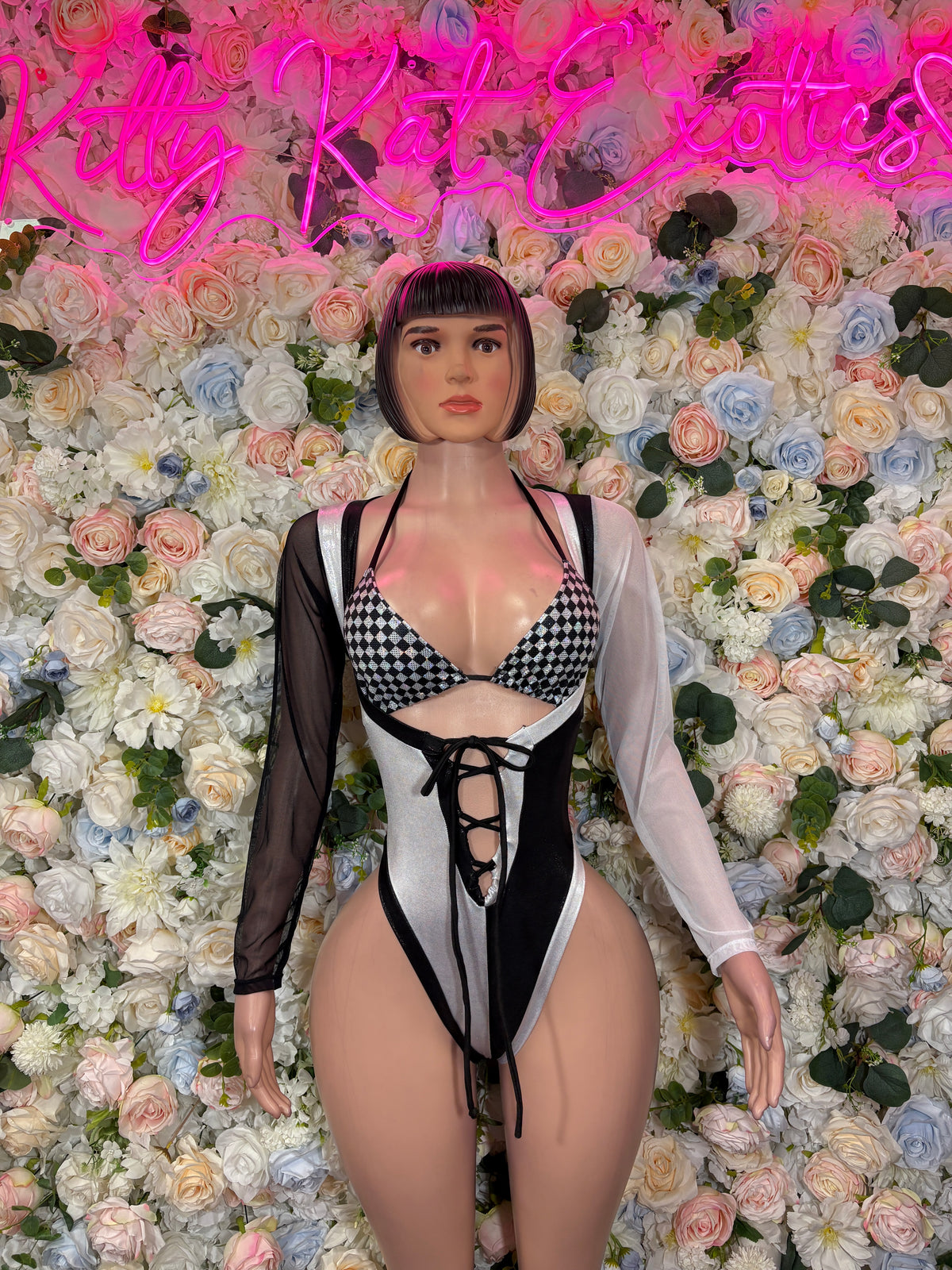 Black Silver Checkered Bodysuit, Goth Rave Romper, Lace-Up Cutout Clubwear