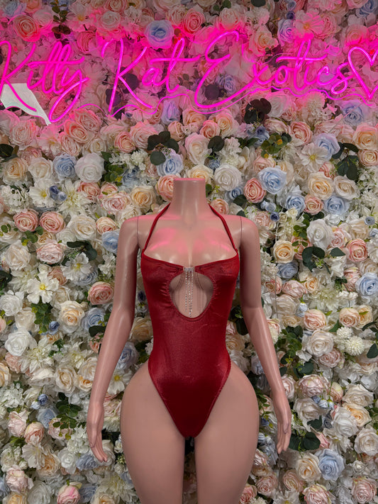 Burgundy satin bodysuit with halter neckline and high-cut front with chest cutout