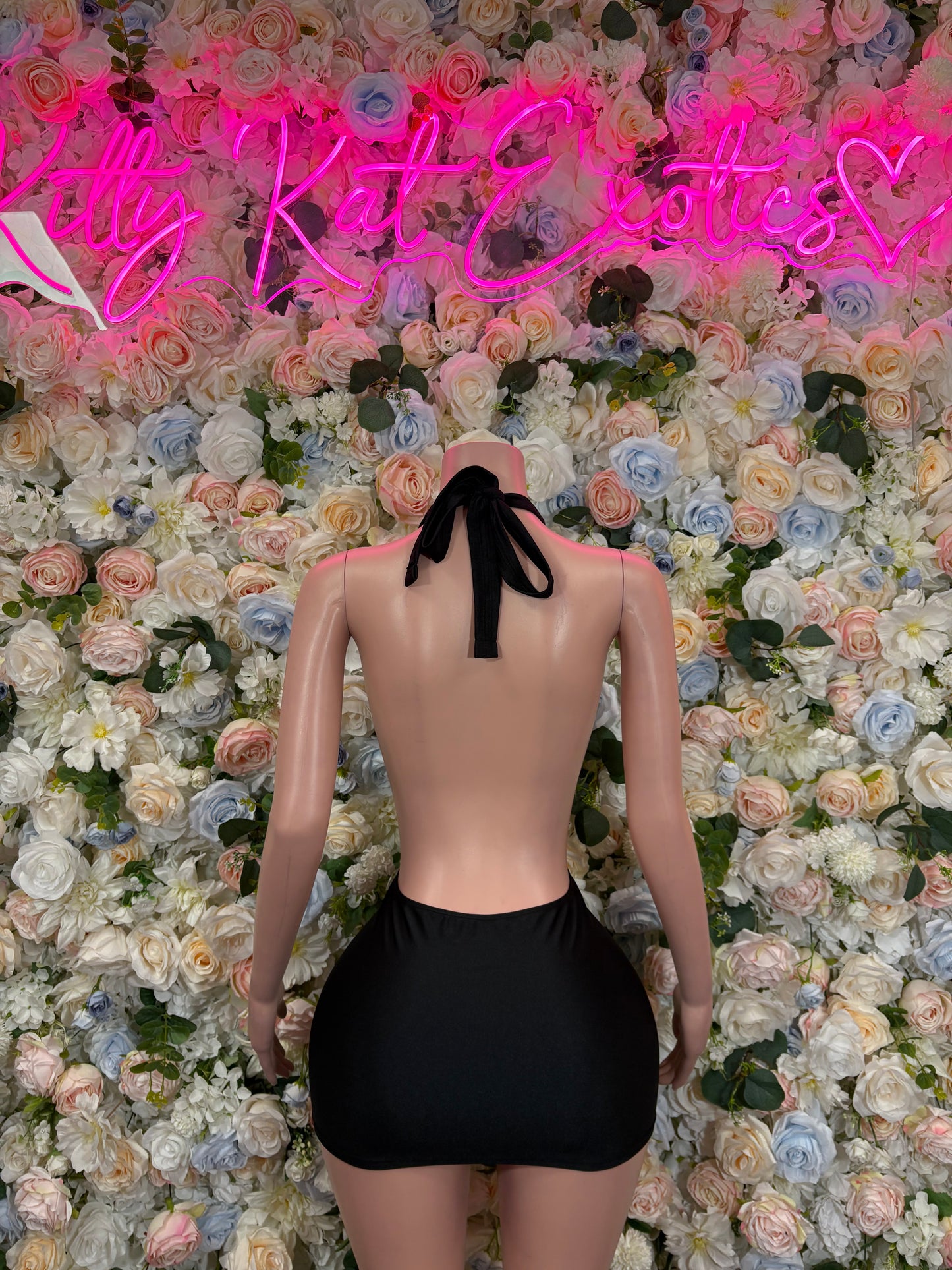 Black halter mini dance dress, open back with neck tie and center cutout