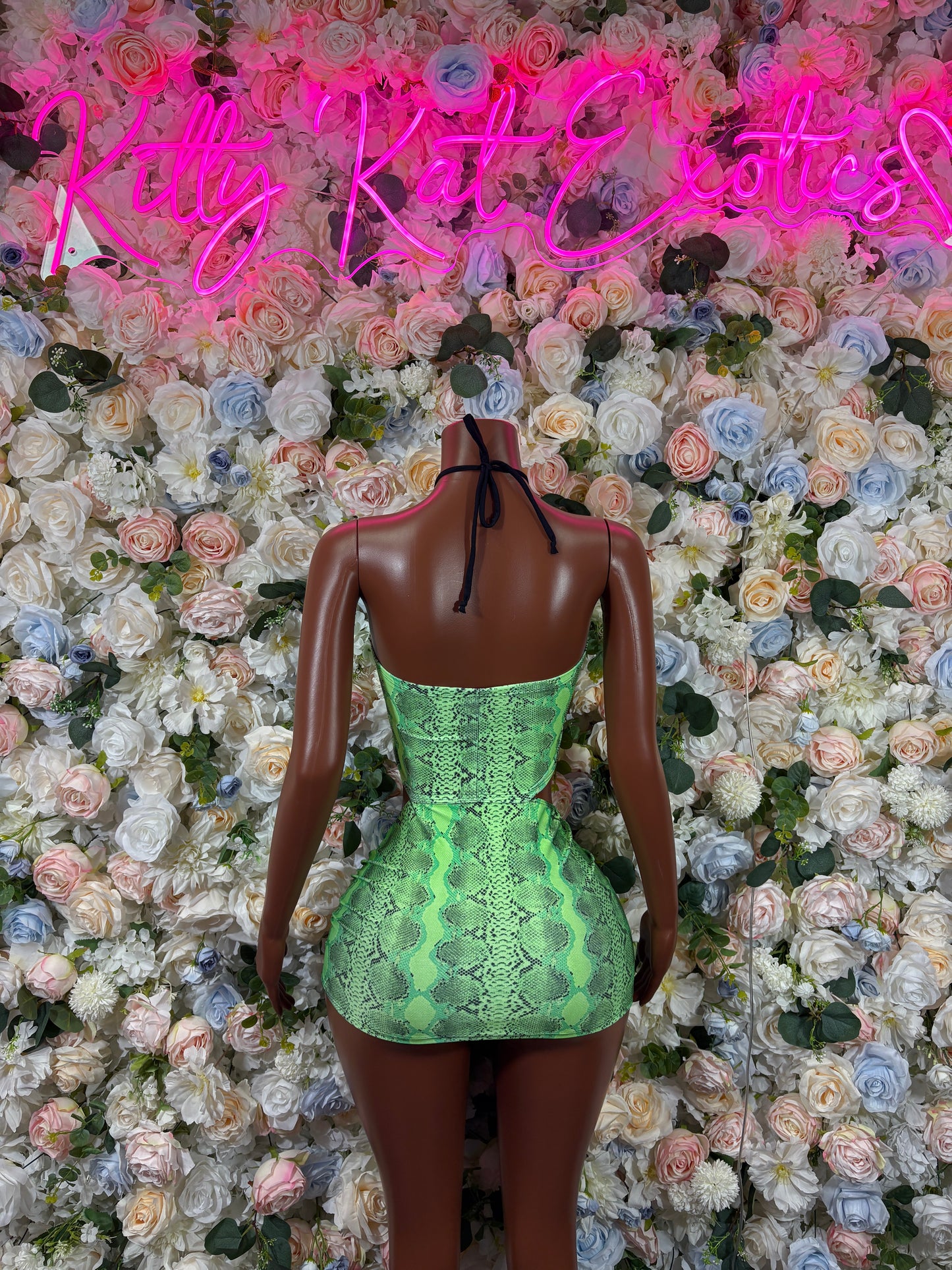 Green snake-print cutout mini dress, halter back with open sides