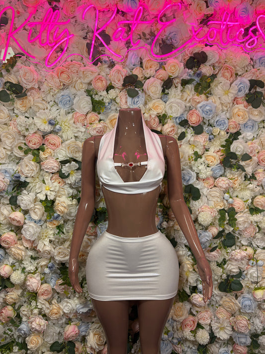 White halter crop top and fitted mini skirt set, ruched cups with scooped neckline