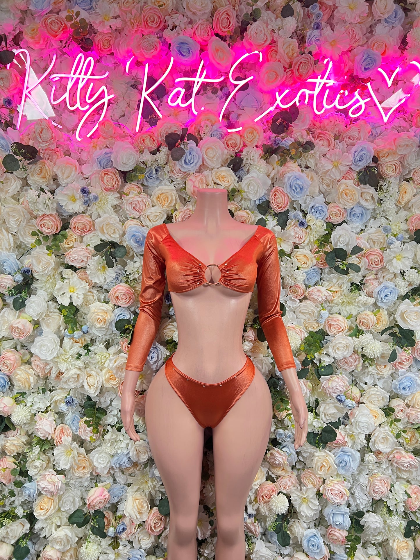 Bottlegirl New Years Orange Metallic Two Piece New Year’s Eve Outfit, Exotic Dancewear, Stage Performance Costume, Sexy Festival Wear