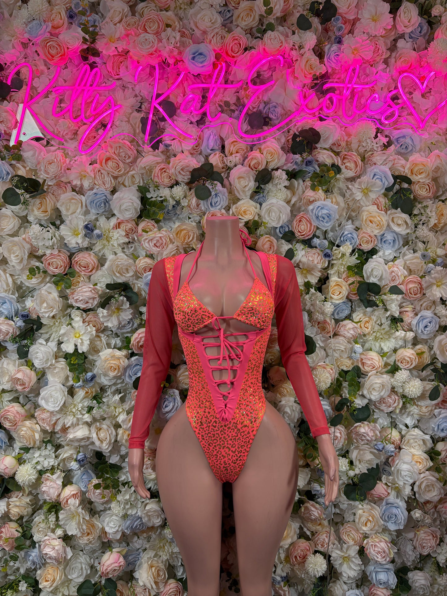 Bottlegirl Bodysuit One-Piece Coral Cheetah Print Bodysuit - Hologram Design | Exotic Dancewear for Performers, Raves