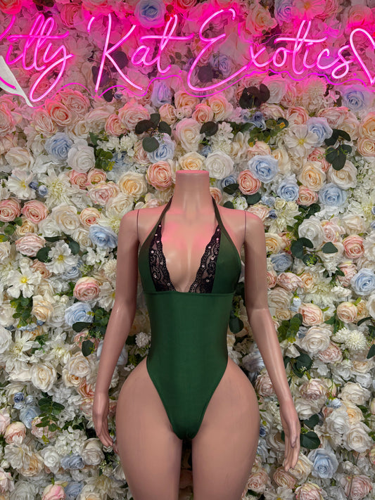 Dark green halter bodysuit with lace trim and front cutout