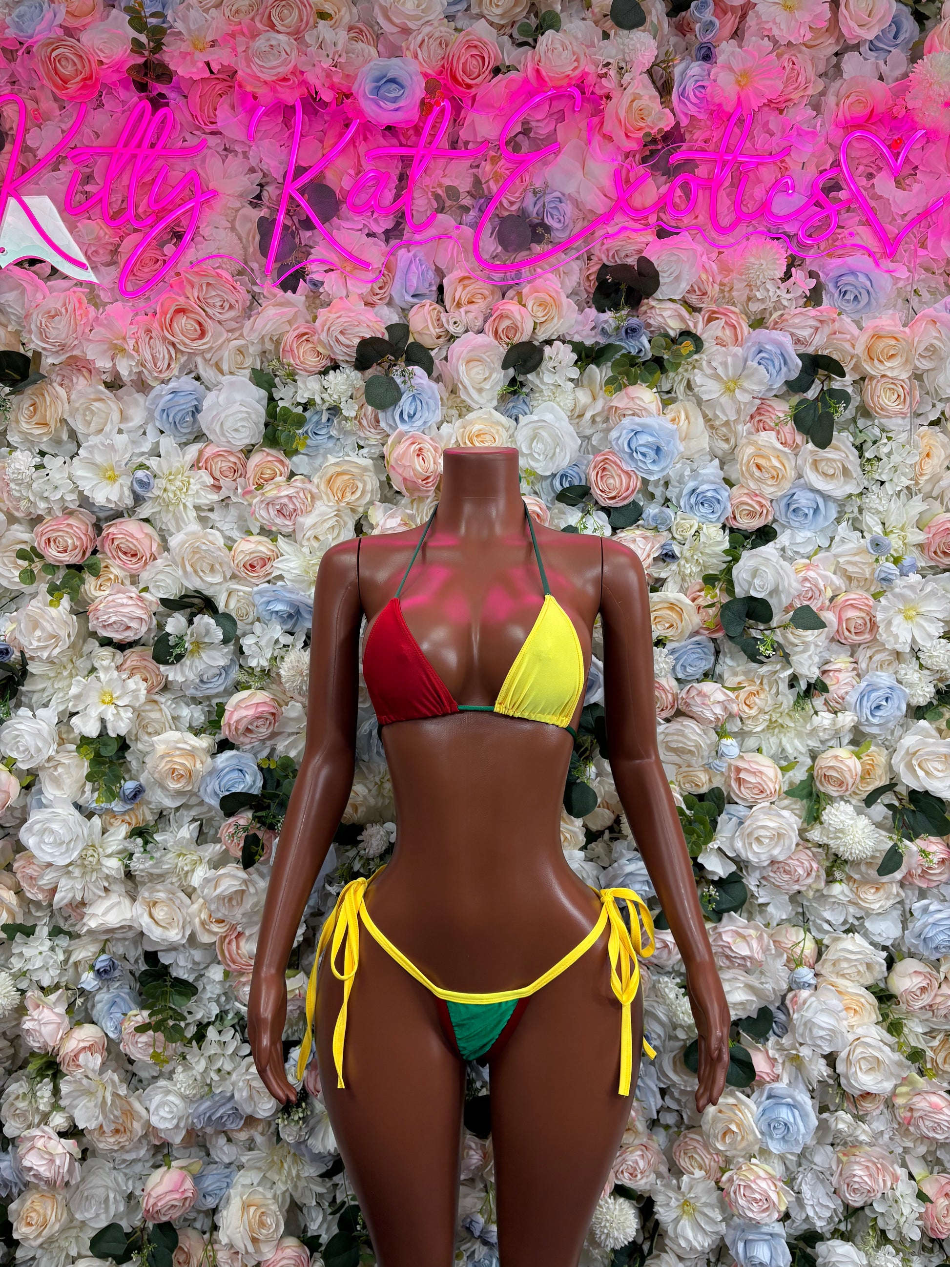 Red, yellow, and green triangle bikini with tie-side bottoms