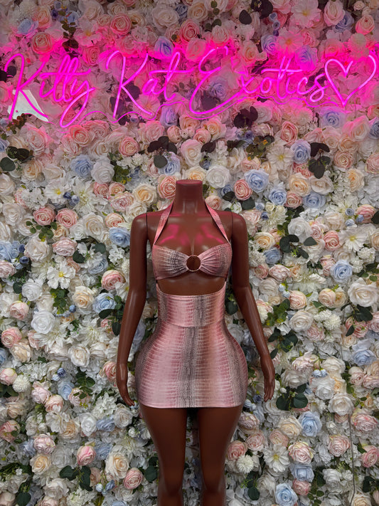 Snake-print club dress in metallic pink with open-back straps