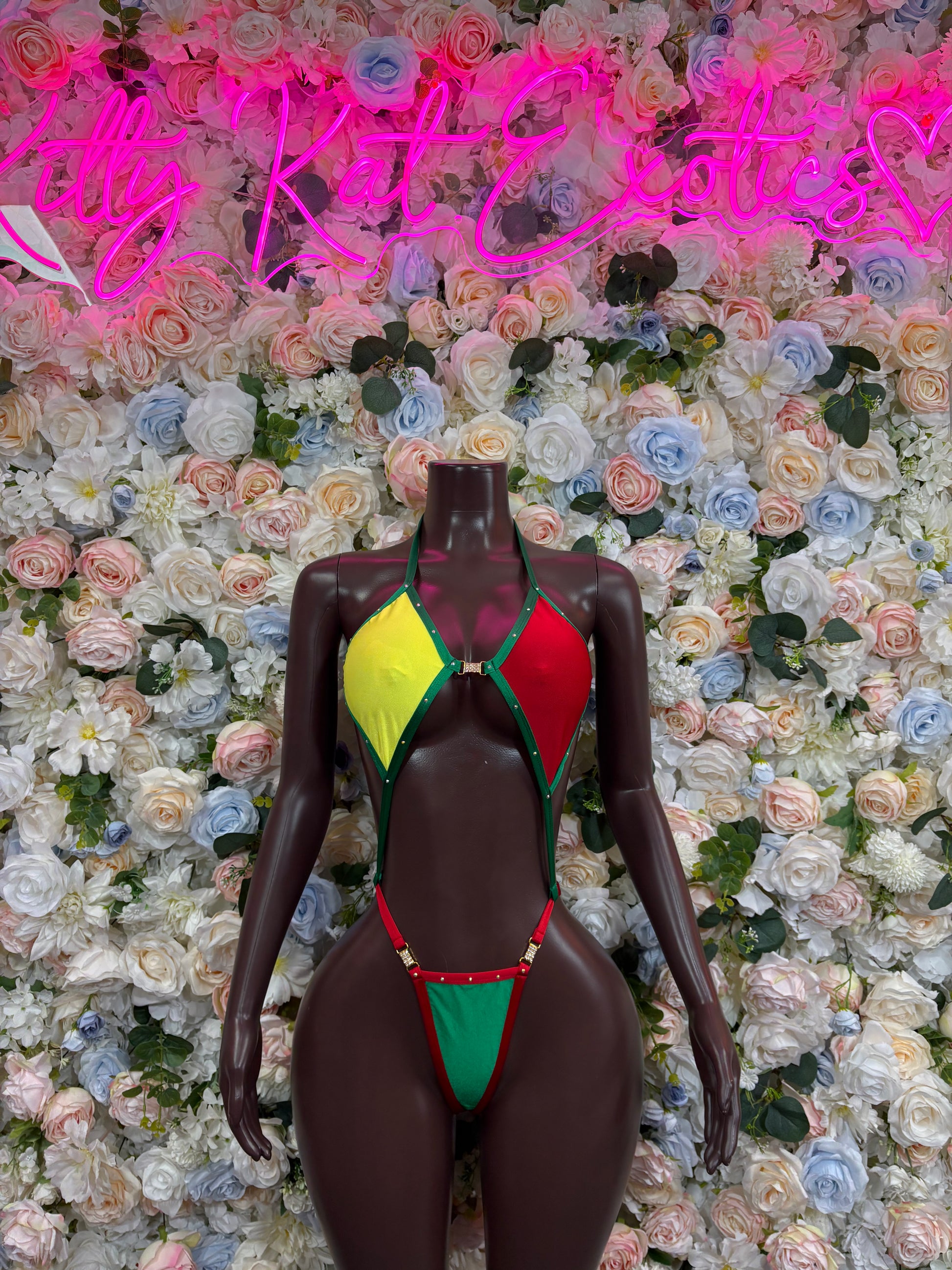 Color-block bikini festival swimwear with green, yellow, and red triangle straps