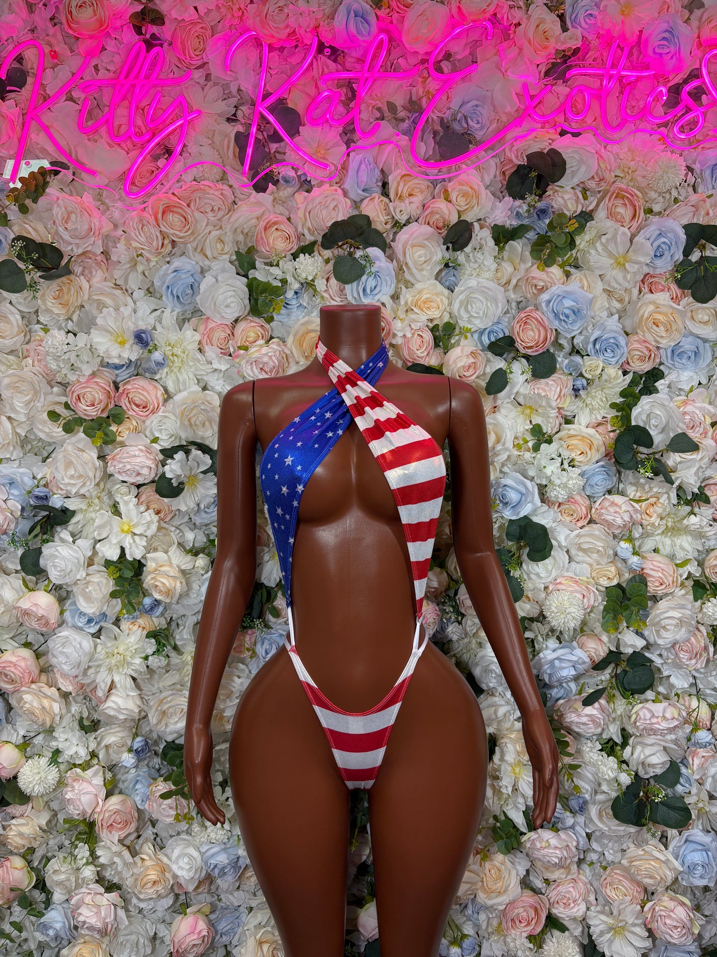 American flag halter monokini bodysuit with crisscross cutout straps, blue stars and stripes