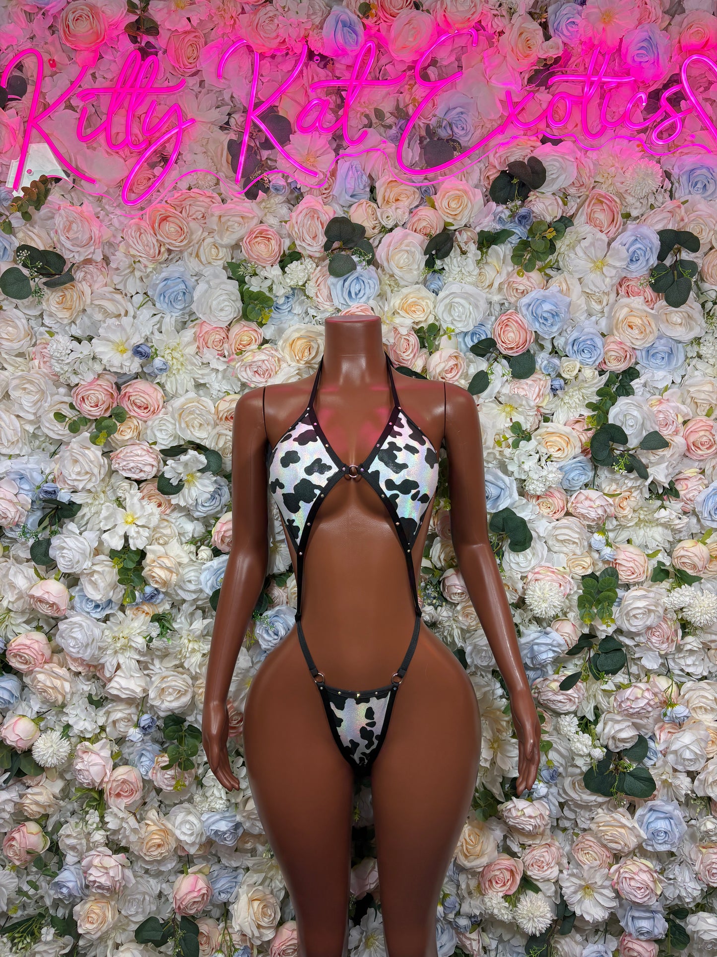 Holographic Cow Print Bodysuit – Rhinestone Halter Monokini, Rave Festival Wear