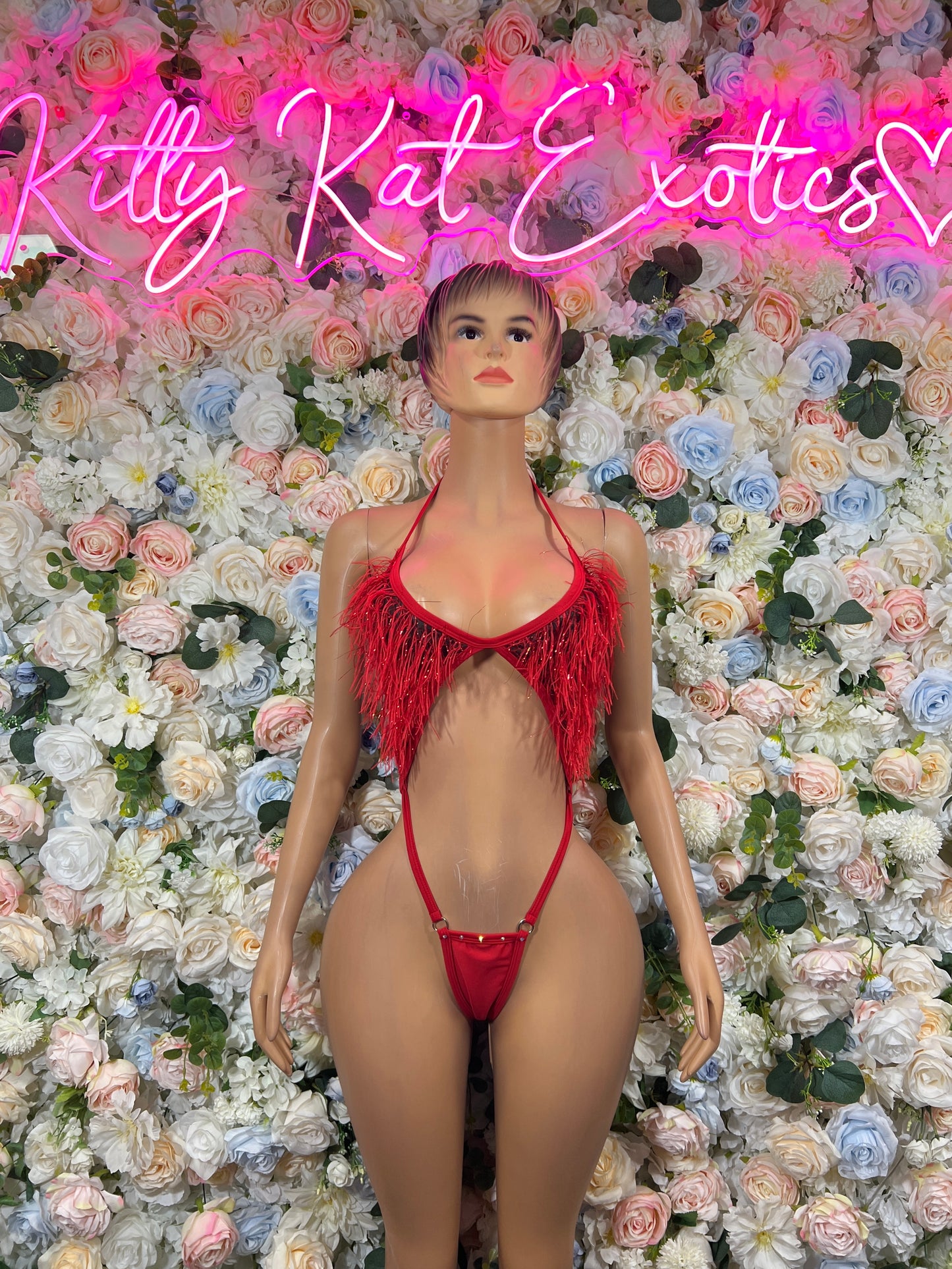Red Feather Fringe Bodysuit Rave Festival Exotic Dancewear Sparkly Glitter Boa Club Outfit