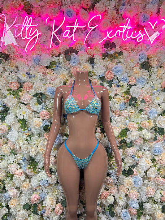 Festival Bikini Aqua Cheetah Two Piece Outfit, Bartender Uniform, Rave Festival Wear, Exotic Dancewear, Clubwear Costume, Waitress Set