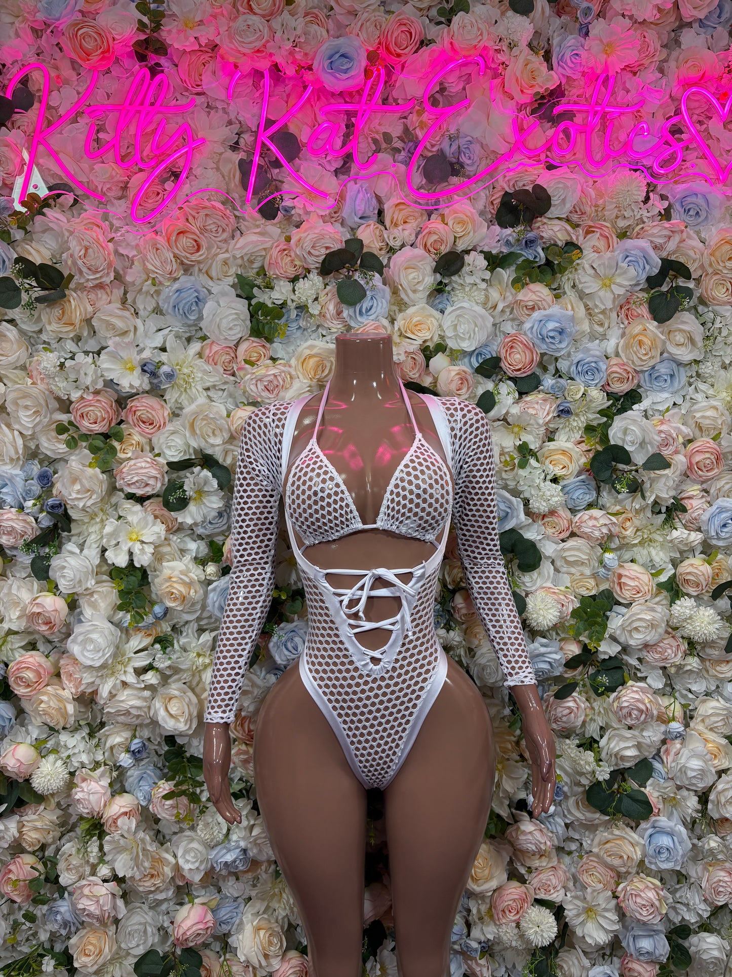 Bottlegirl White Fishnet Bodysuit - Bottle Service Outfit, Rave Festival Clubwear One Piece Dancewear