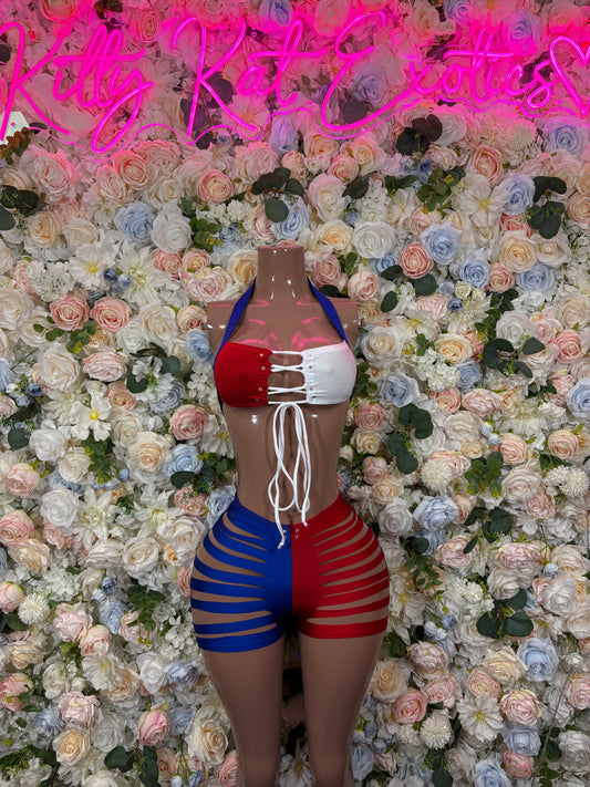Flag two-piece with red halter top and striped shorts in red, white, and blue