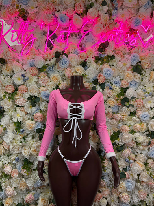 Christmas Pink Santa Holiday Outfit Two Piece Pink Santa Exotic Dancewear Costume Holiday Outfit