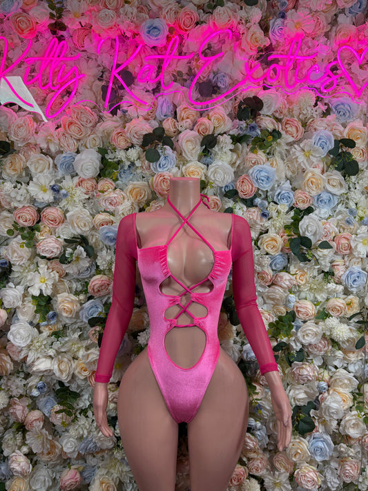 Bottlegirl Pink Velvet Bodysuit | Bottle Girl Outfit Bartender Uniform | Festival Rave Clubwear Exotic Dance One Piece