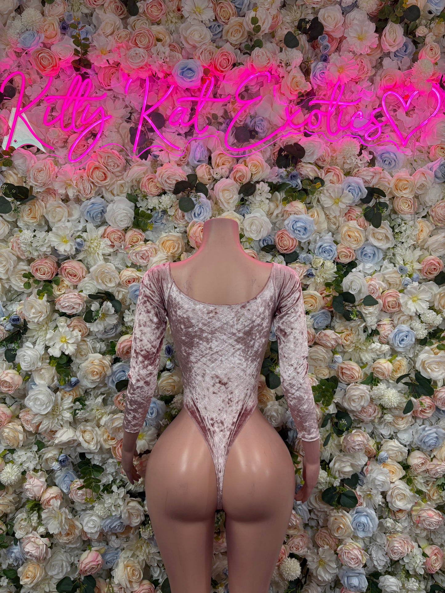 Nude velvet bodysuit with long sleeves and scoop back, textured shimmer finish.