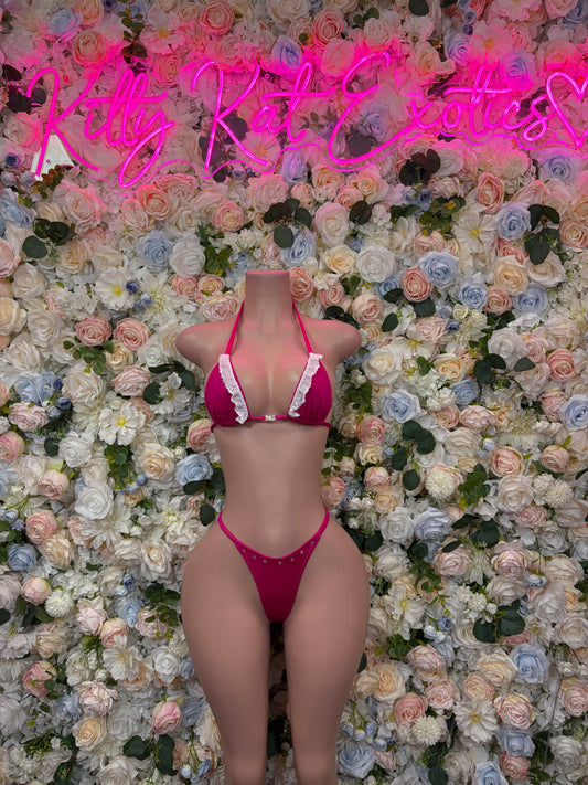 Pink two-piece rave bikini with triangle top and high-cut thong-style bottoms