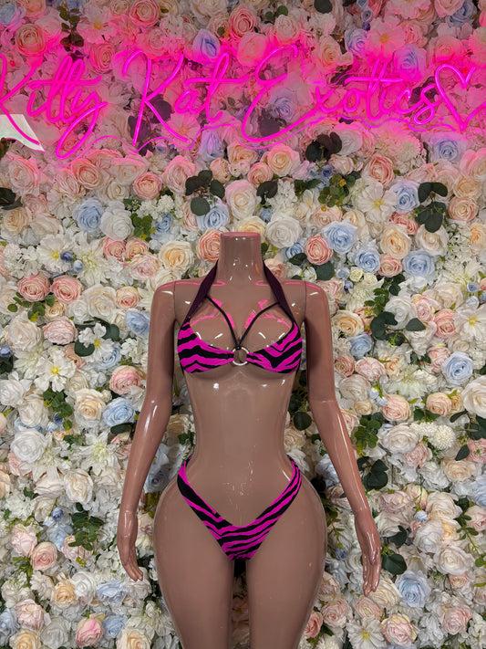 Two-piece zebra-print bikini on mannequin: underwire triangle top and V-cut briefs