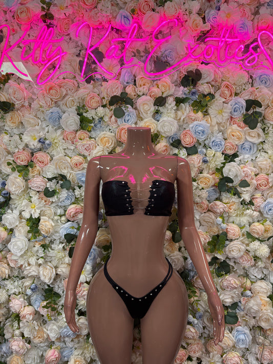 Black studded bikini two-piece with underwire bra and thong bottoms