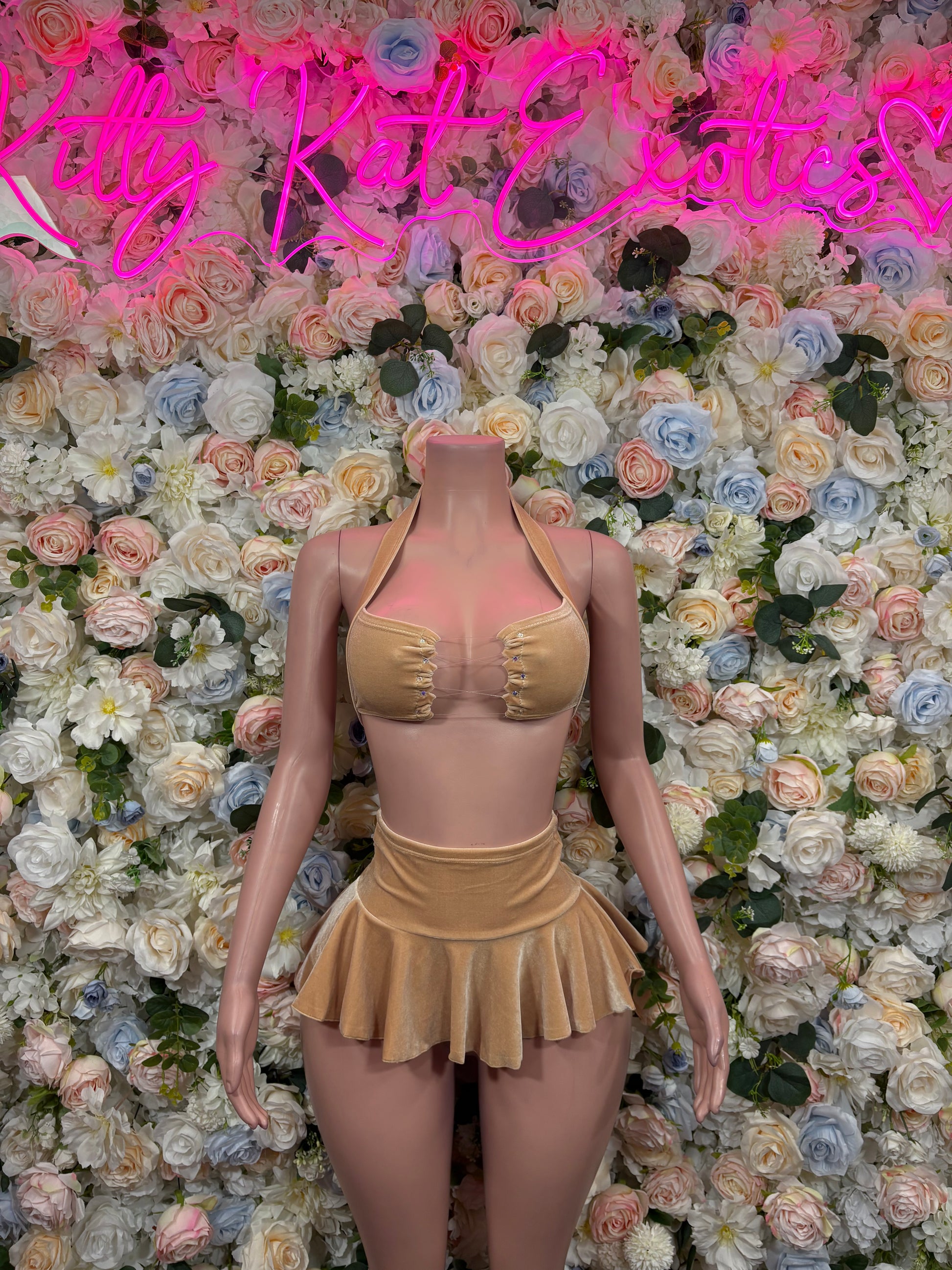 Nude velvet two-piece skirt set, ruched bust and flared mini skirt