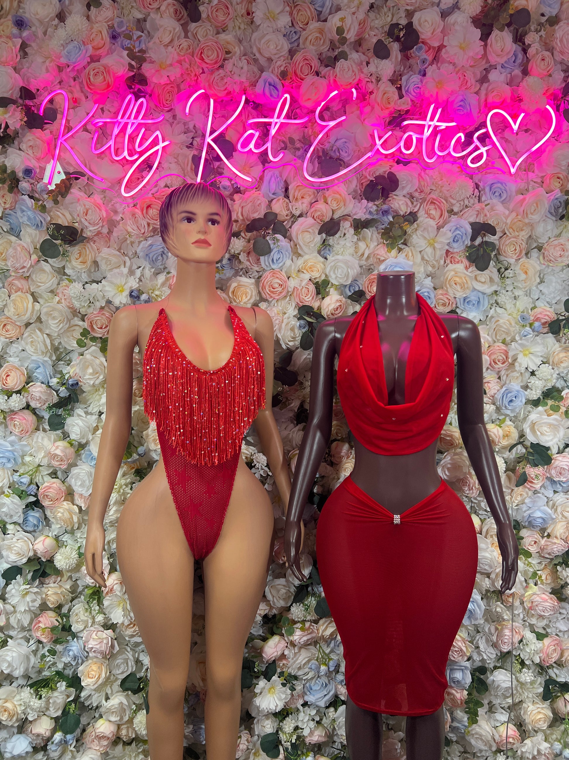 Red sequin halter dance bodysuit with draped V neckline and fitted pencil skirt