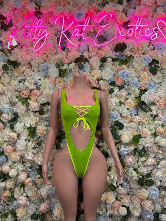 Neon green thong bodysuit with lace-up front and backless scoop back