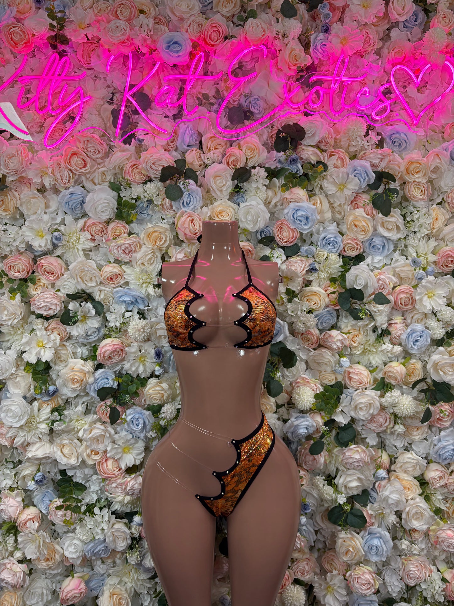 Orange snake-print lingerie set: triangle bra with high-cut bottoms