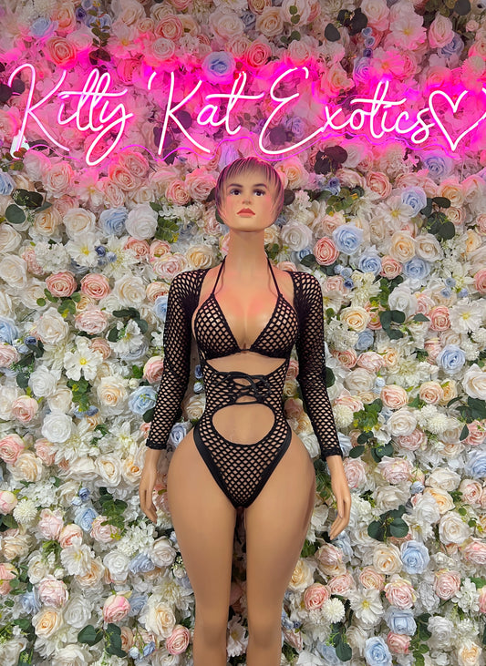 Bottlegirl Black Fishnet Bodysuit  - One Piece Bartender Outfit, EDM Dancewear, Party Clubwear