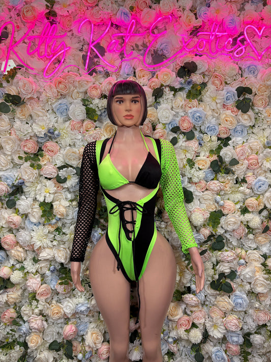 Neon green & black lace-up bodysuit with plunging V-neck and fishnet long sleeves