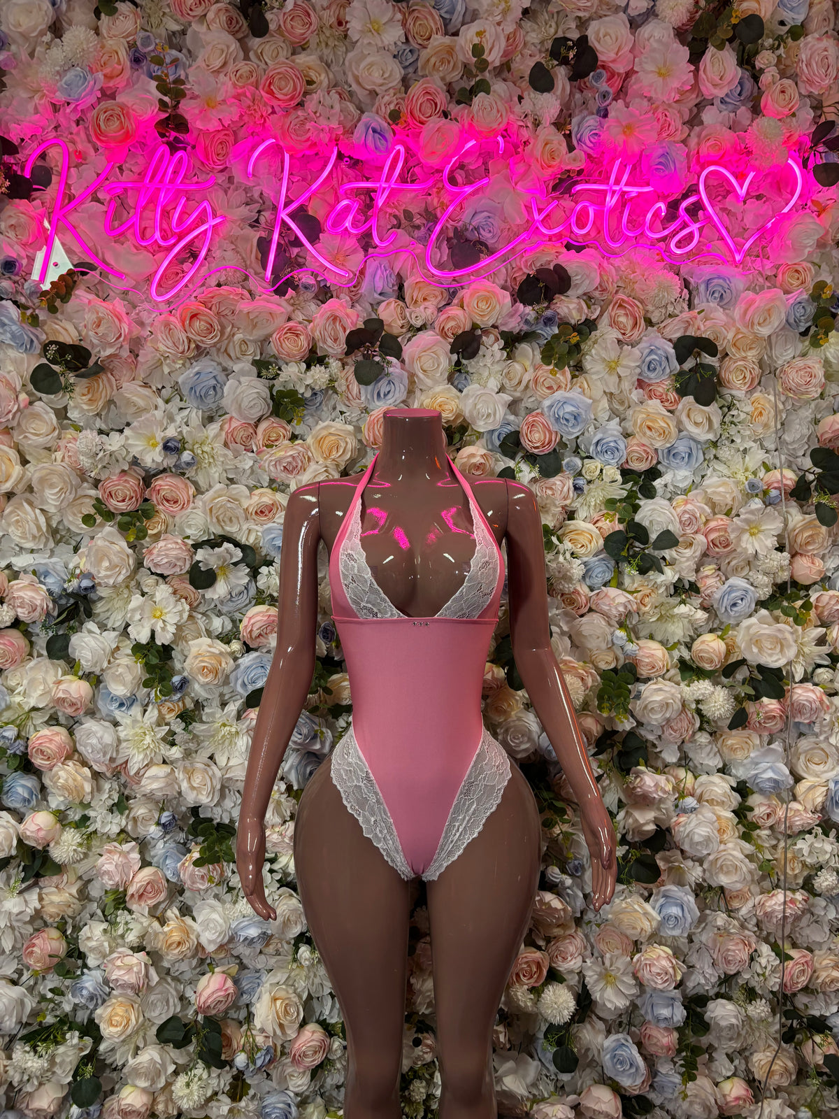 Baby Pink One Piece White Lace - Exotic Dancewear Rave Outfit, Clubwear
