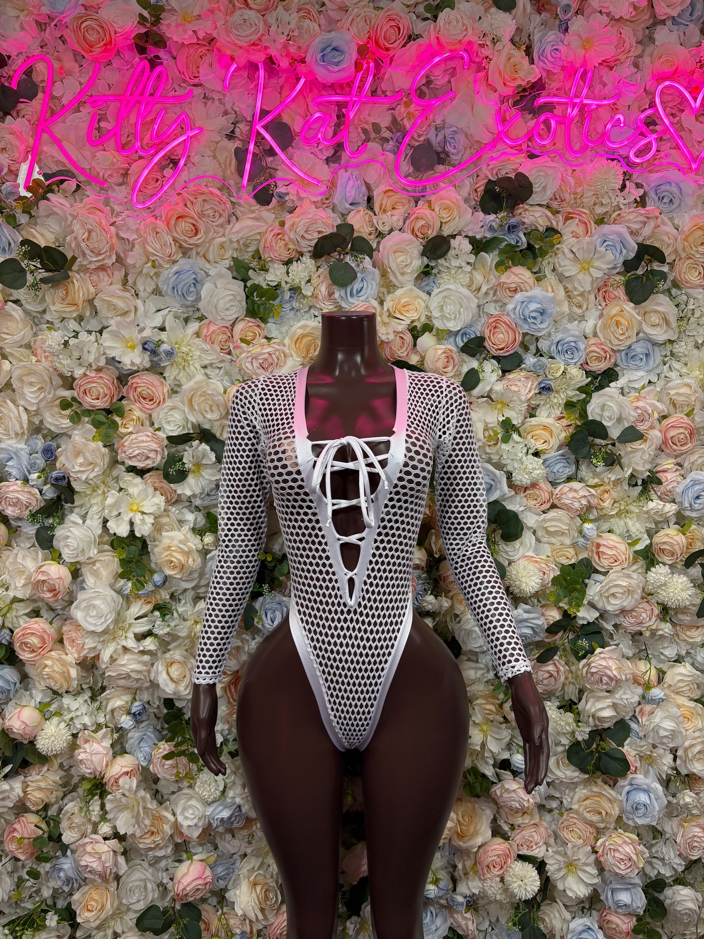 Bottlegirl White Fishnet Bodysuit - Bottle Service Outfit, Rave Festival Clubwear One Piece Dancewear