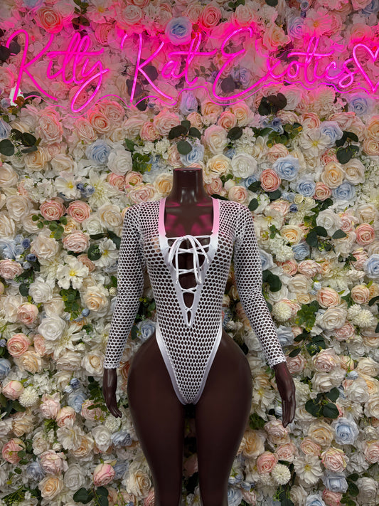Bottlegirl White Fishnet Bodysuit - Bottle Service Outfit, Rave Festival Clubwear One Piece Dancewear